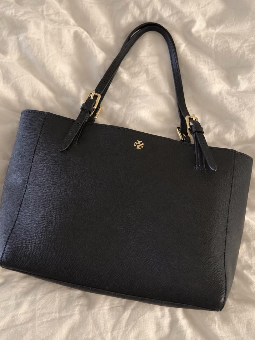 Tory Burch Black Emerson Tote | Saffiano Leather with Gold Hardware